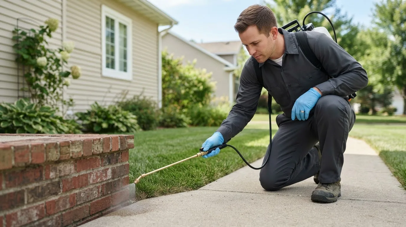 Pest control technician treating a home near Troupsburg, NY