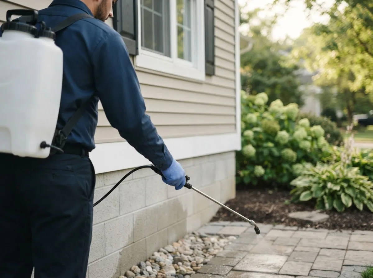 Pest control technician inspecting a home in Troupsburg, NY